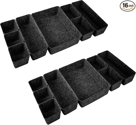Desk Drawer Organizer Bins, 16pcs Felt Shallow Bathroom Storage Trays, Office Accessories & Workspace Organizers Jewelry & Makeup Boxes Containers(Black)