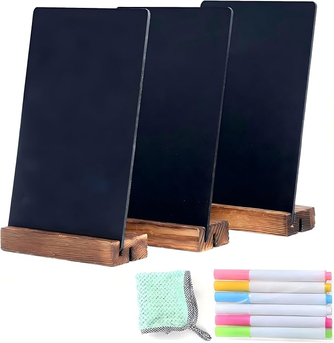 7.9x5.1 Desktop Chalkboard Sign with Wood Base, Message Board Menu Board Chalkboard for Shop Wedding Kitchen Home Party (3 Pack 7.9x5.1)