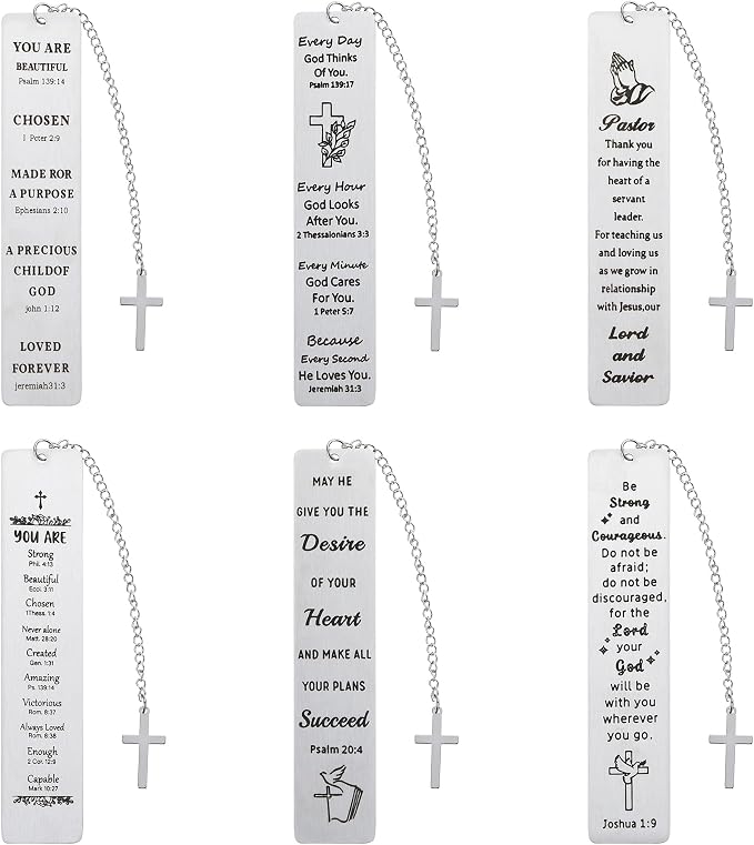 6PCS Metal Christian Bookmarks with Inspirational Bible Verses Stainless Steel Cross Pendant Tassel，Religious Gift Accessories for Church Readers Believers (Bible Verses)