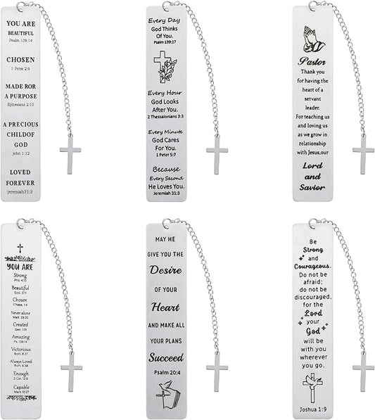 6PCS Metal Christian Bookmarks with Inspirational Bible Verses Stainless Steel Cross Pendant Tassel，Religious Gift Accessories for Church Readers Believers (Bible Verses)