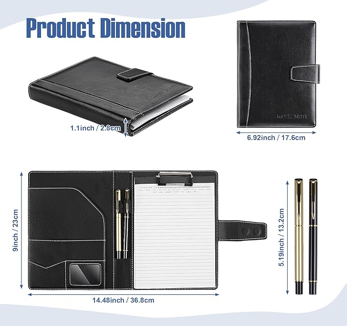 Padfolio Notepad Holder with Clipboard,A5 Faux Leather Padfolio Folder for Interview Resume,Magnetic Closure Legal Pad Folder with Business Holder,2 Pens & 5x8 Writing Pad for Office,Black