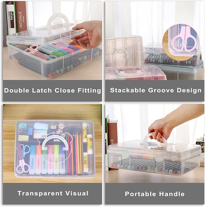 BTSKY 2-Tier Cute Bear Storage Box with Removable Divided Tray Portable Clear Plastic Art Craft Supply Organizer Stackable Home Office Supplies Storage Container for Pens Notes A4 papers etc (Coffee)