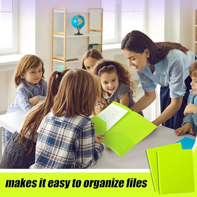 Gueevin 72 Pack Plastic Folder with Pockets, 2 Pocket Folders, Plastic Glossy Folders Fit Letter Size Paper, Heavy Duty Durable File Folder with Business Card for Home Office School (Lime Green)