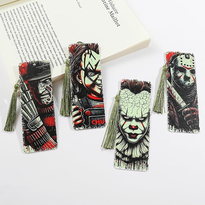 Horror Movie Knife Acrylic Bookmark, Gothic Ghostface Character Bookmarks,Book Lover Book Mark Halloween & Christmas Gift (4PC Killer)
