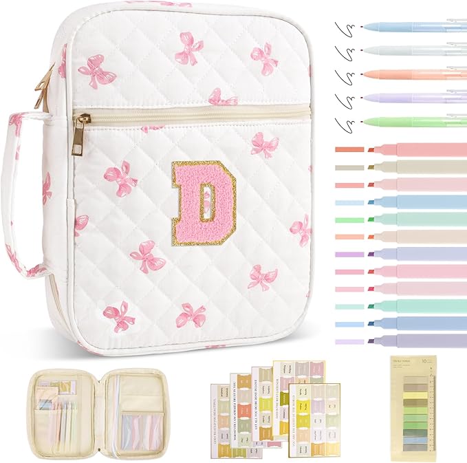 Personalized Initial Bible Cover Case for Women Girls Kid - Large Quilted Bible Case with Handle, Stylish Chenille Letter Bag Study Supplies, Perfect Christmas Gifts for Christians Women (Pink Bow-D)