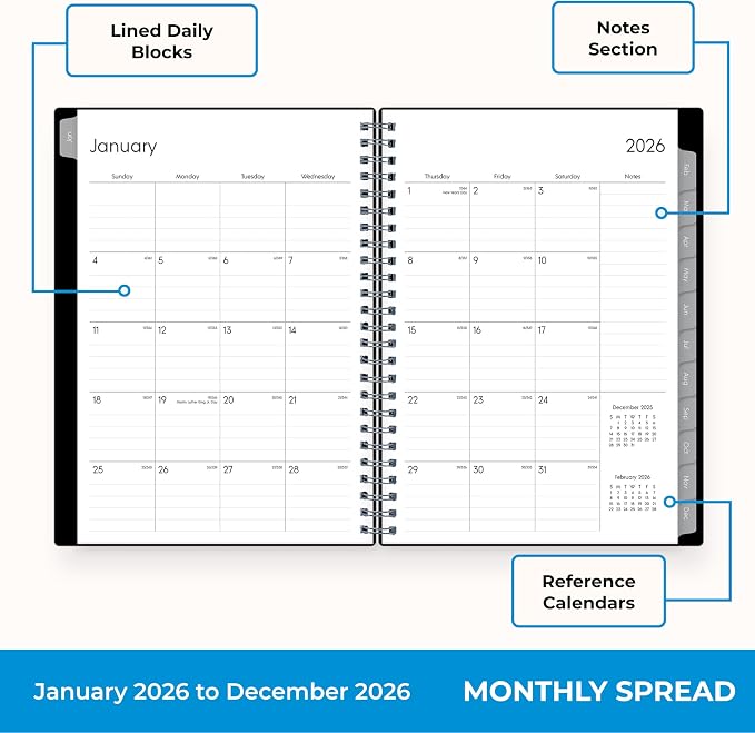 Blue Sky 2026 Weekly and Monthly Planner Calendar Notes, Includes January 2026 - December 2026, 5.875" x 8.625", Flexible Cover, Wirebound, 30 Extra Notes Sheets, Laminated Tabs, Enterprise