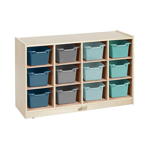 ECR4Kids 12 Cubby Mobile Tray Cabinet and 15 Scoop Front Bins, 3x4, Kids Furniture, Contemporary