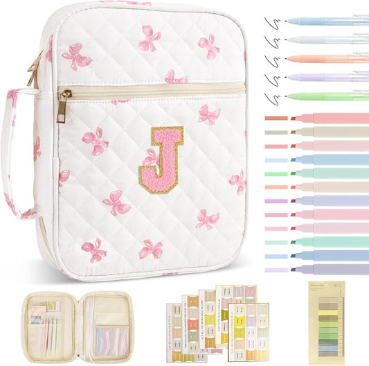 Personalized Initial Bible Cover Case for Women Girls Kid - Large Quilted Bible Case with Handle,Chenille Letter Bag Study Supplies,Christmas Gifts for Christians Birthday Graduation(Pink Bow-J)
