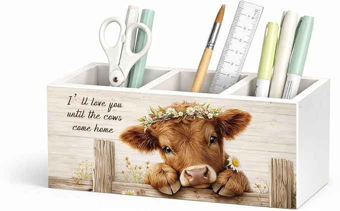 Highland Cow Desk Organizer Wooden Pen Pencil Holder for Desk, 3 Compartments Farmhouse Office Desk Accessories, Cow Lover Gift Farm Animal Desk Decor for Home Office Table Storage