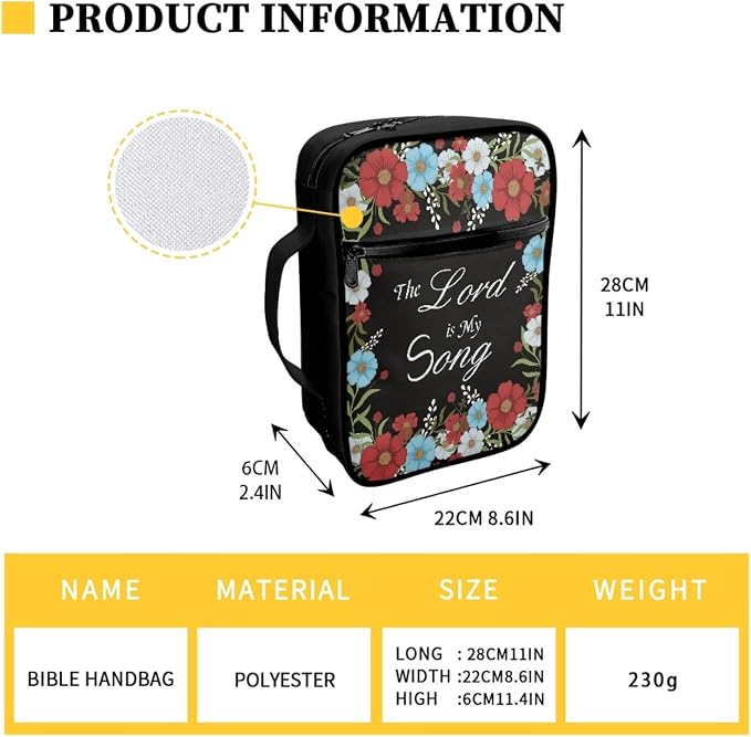 Coldinair Red Blue Floral Print Bible Covers Bag for Women Teens Kids,Carrying Book Case Church Bag Bible Holder with Handle and Zippered Pocket,Black
