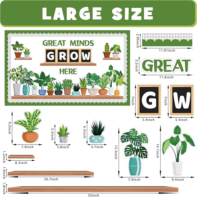 Spring Potted Plant Bulletin Board Set, Greenery Classroom Bulletin Board Decorations Motivational Plant Cutouts March April Home Library Window Wall Party Decor for Teacher(Great Minds Grow Here)