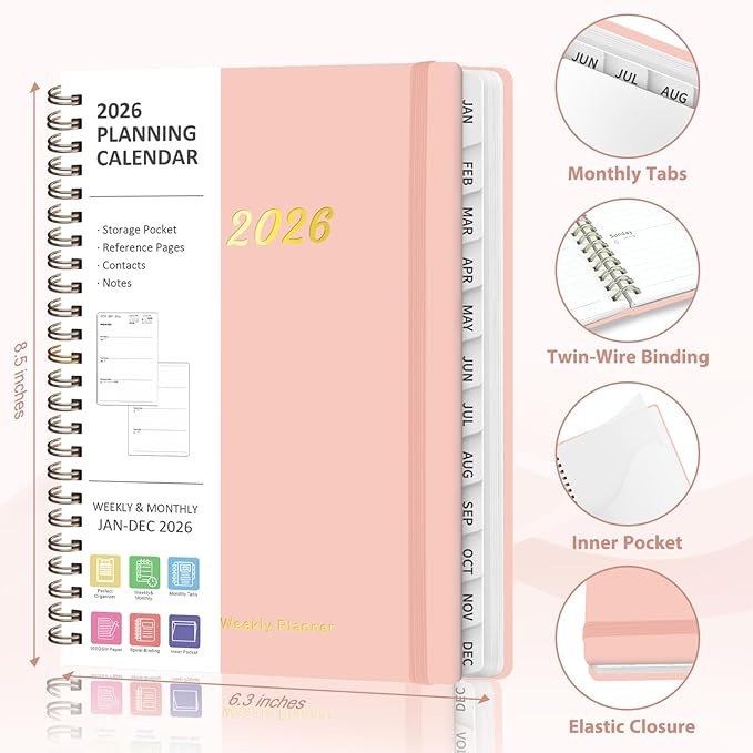 2026 Planner, Weekly and Monthly Calendar Planning Agenda, Jan 2026 - Dec 2026, Academic Planner Book, Desk Accessories and Office Supplies for women & men - A5 (6.3'' x 8.5'')