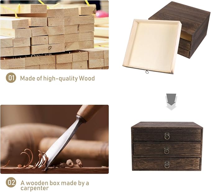 Cabilock Solid Wood Desktop Drawer Organizer with Pull Ring Vintage Retro Storage Box for Office Supplies and Home Desk Accessories 10.03X9.64X6.49 Inches