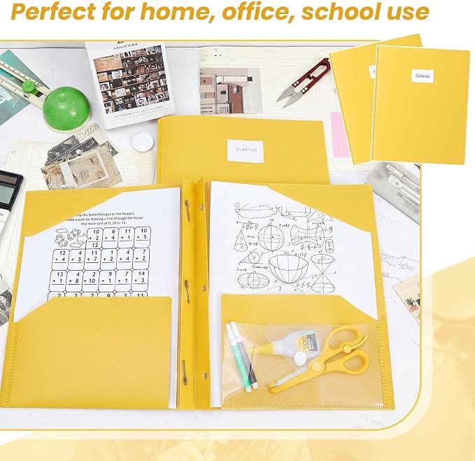 Kosiz 24 Pcs 2 Pocket Folders with Prongs, Paper Folders with 2 Pockets and 3 Prongs Fit Letter Size Paper, Back to School File Document Organizer for School Office Home Supplies (Yellow)