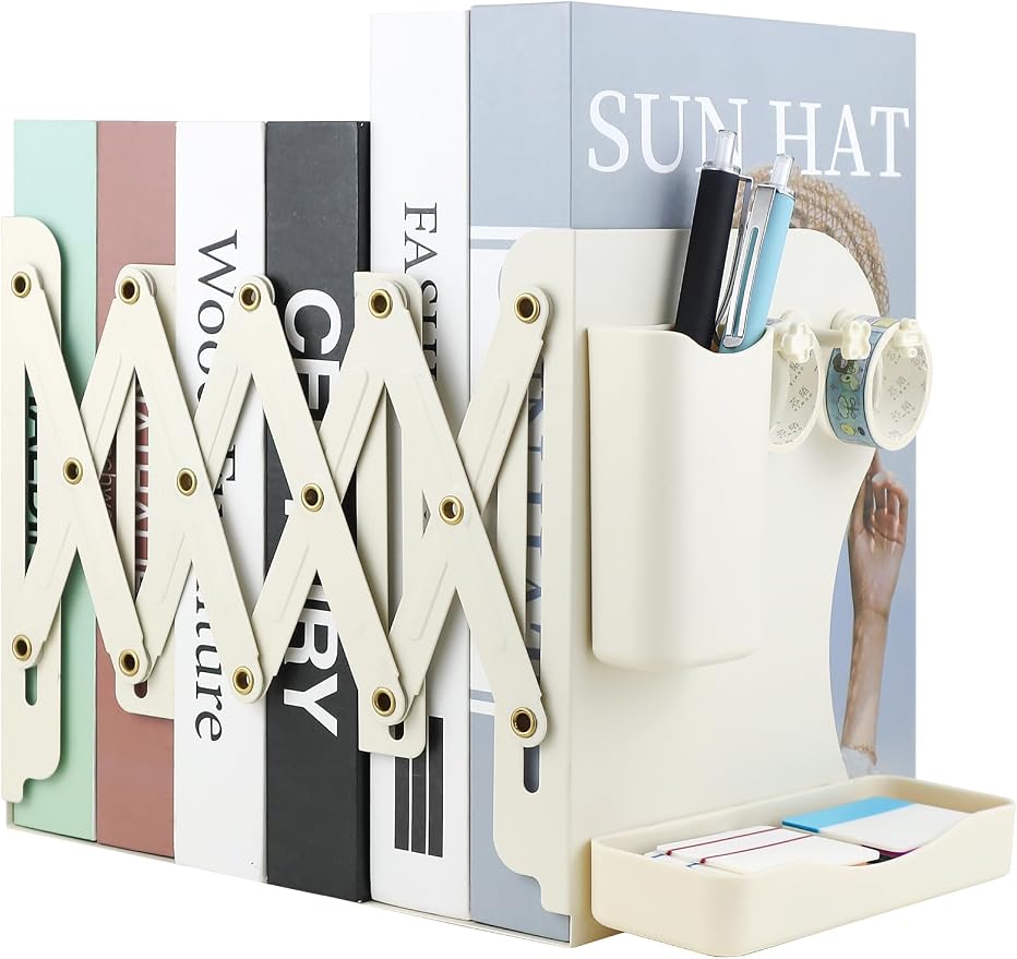 Heavy Duty Bookends Adjustable Book End, Desk Book Holder for Shelves, Book Organizer for Desk, Suitable for Office Home School (19.69 inches Max) (White)