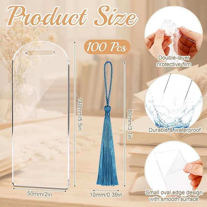 Fumete 100 Pcs Sublimation Blank Bookmark Heat Transfer Acrylic DIY Bookmark with Hole and Colorful Tassels for Crafts, Birthday Wedding, Sublimation Blank Keychains, Single Sided Printing