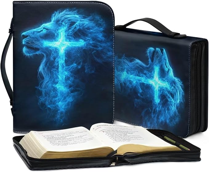 Bible Covers for Women Blue Lion Cross Waterproof Bible Holder Case for Man Portable Bible Protector PU Leather Bible Organizer Bag Large Size