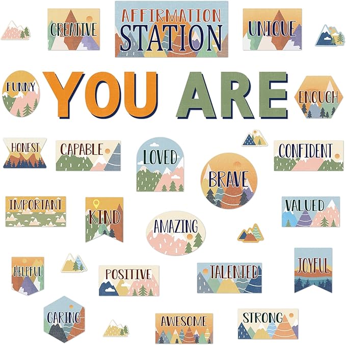 Let The Adventure Begin Affirmation Station Bulletin Board Set Camping Travel Classroom Decorations Mountain Mental Health Posters Positive Accents Cutouts for Teachers School Classroom Decor