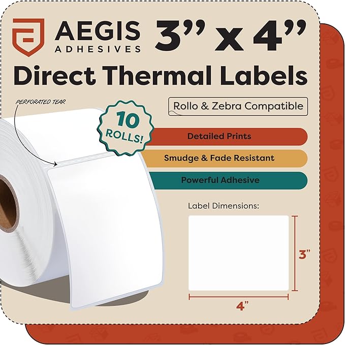 Aegis Adhesives - 3" X 4" Direct Thermal Labels (3750 Count, 10 Rolls) - Shipping and Postage Barcode Labels, Product Packaging Identification - Compatible with Zebra and Rollo Printers