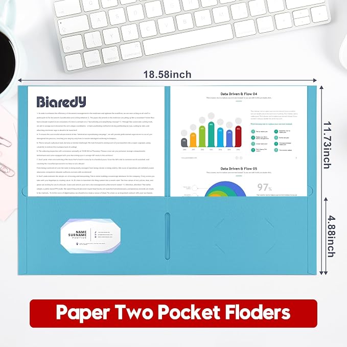 100 Pack 2 Pocket Folders, Letter Size 8.5" x 11" Folders with Business Card Slot, Durable Paper Bulk File Folders for Office, School, Presentation Home and Business Use, Blue Assorted