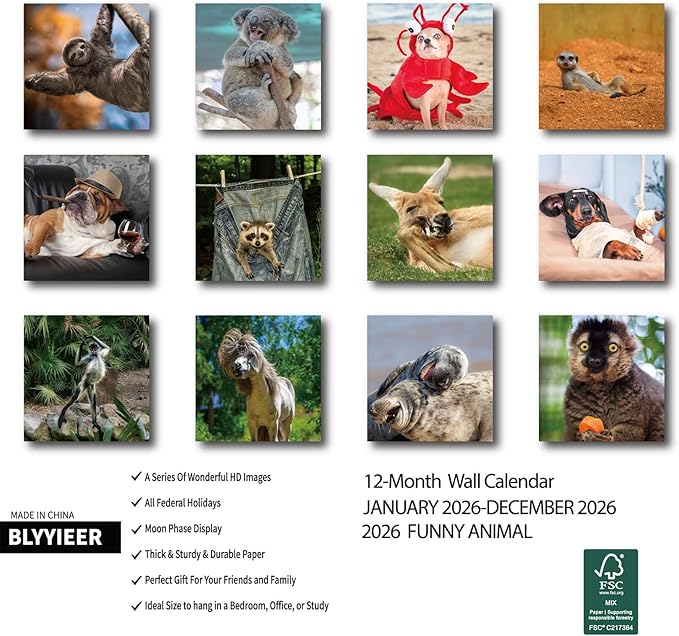 2026 Wall Calendar Funny Animal, 14 Months Hangable Wall Calendars, 12" x 24" (Open), Thick Glossy Paper, Organizing & Planning