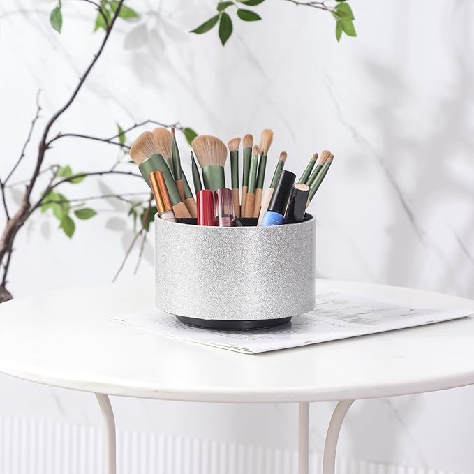 Spinning Caddy, PU Leather 360 Degree Rotating Remote Control Holder for Table with 4 Compartments, Cute Pen Holder Desk Organizer, Bling Silver PH100