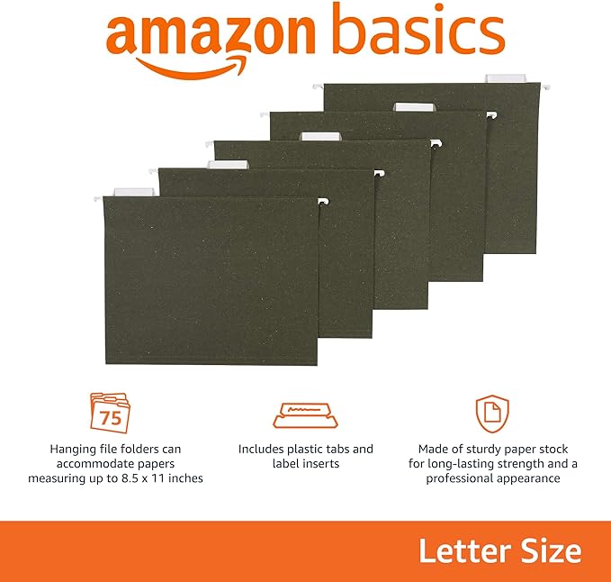 Amazon Basics Hanging File Folders for Documents, Letter Size, 1/5-Cut Adjustable Tabs, Standard Green, 75 Count per Box