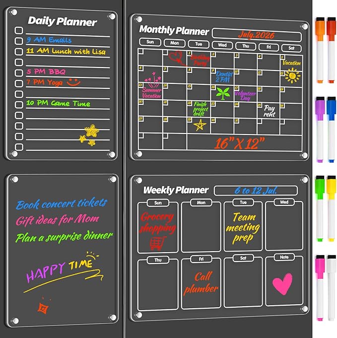 FINDMAG 4 Pack Acrylic Calendar for Fridge, 2026 Magnetic Calendar for Refrigerator, 16"x12" Dry Erase Whiteboard Planning Board Monthly Weekly Wall Fridge Calendar Board Menu Planner with 8 Markers