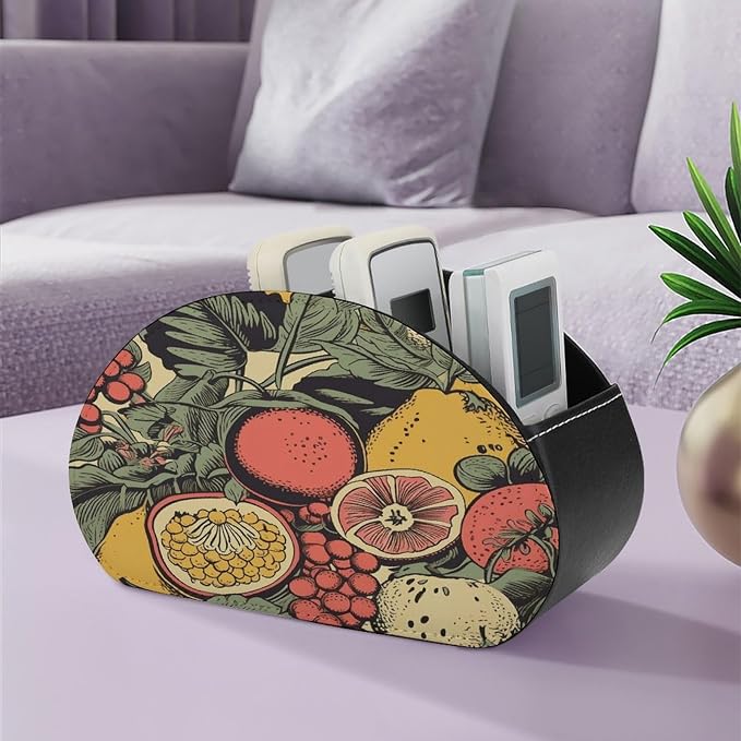 Remote Control Holder,Fruits And Leaves Printed PU Leather Remote Caddy Desktop Organizer with 5 Compartments for Media Accessories & Office Supplies Storage