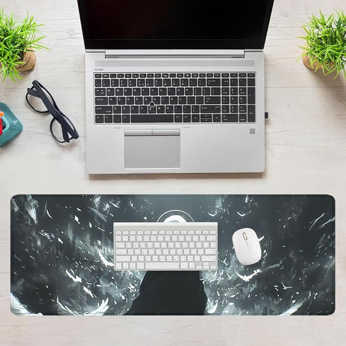 Mystic Angel Gaming Mouse Pad Desk Pad Gothic White Hair Girl Extended Gaming Mousepad Mat with Stitched Edge Non-Slip Base Big Mousepad Office Computer Keyboard 31.5"x11.8"