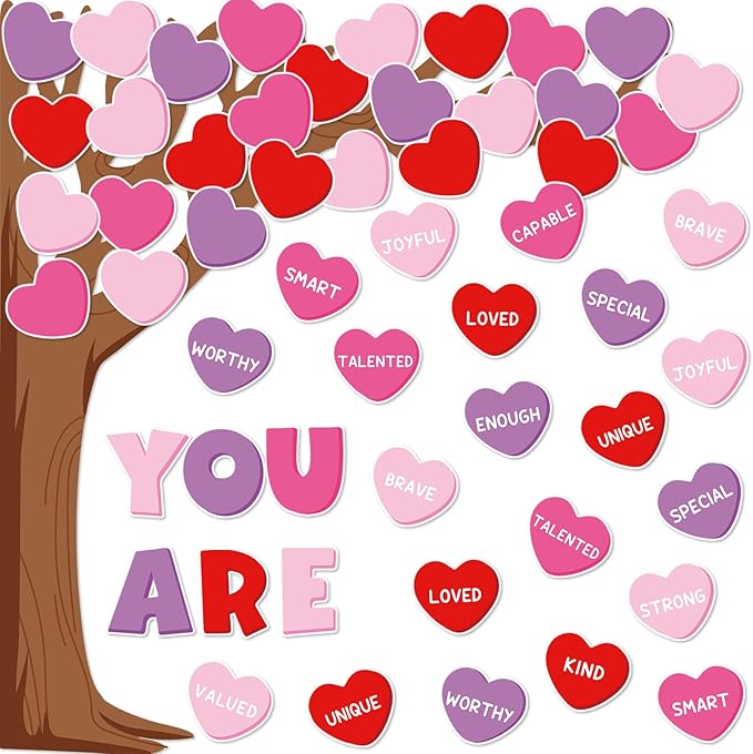 JarThenaAMCS 61Pcs Valentine Classroom Tree Bulletin Board Decorations Red Pink Purple Conversation Heart Cutouts for Classroom School Office Chalkboard Wall Decor