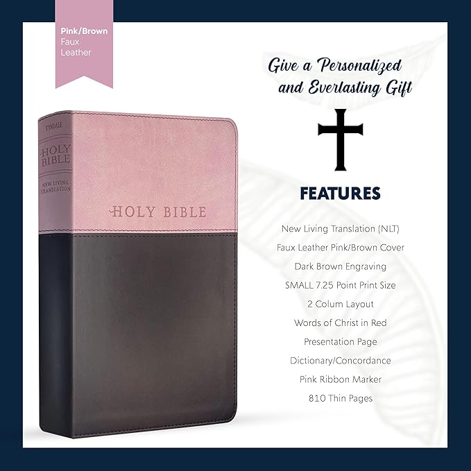 Personalized NLT Bible New Living Translation Faux Leather Holy Bible with Custom Name and Text, Small Print with Red-Highlighted Verses | Custom Gift for Religious Celebrations | Pink/Brown