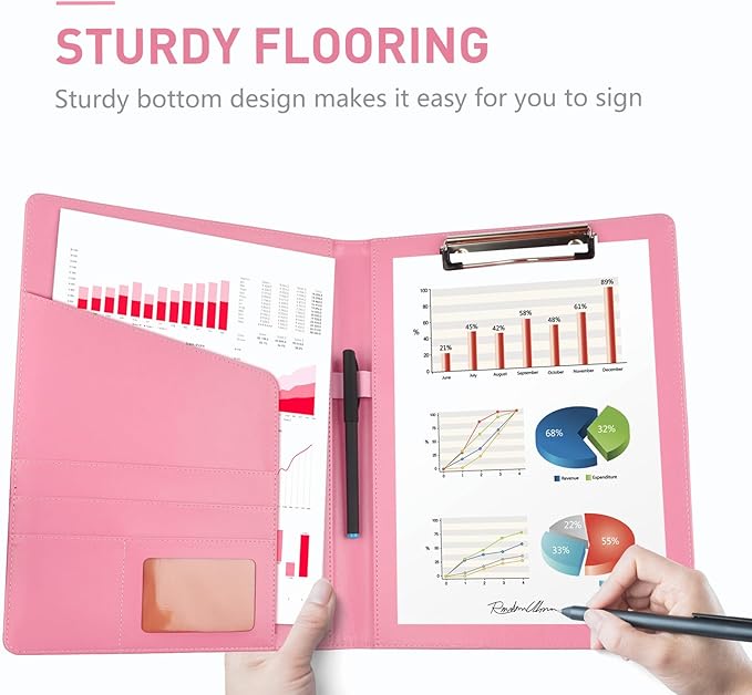 Geila Padfolio Portfolio A4 Clipboard Folder, Suitable for Work, Writing, and Meetings, Faux Leather Folder with A4 Paper and Pen (Pink)