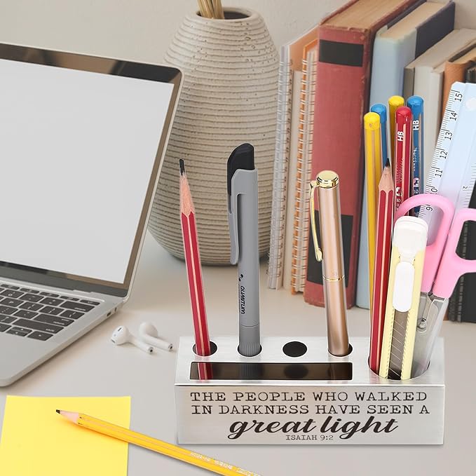 Isaiah 9:2 Bible Verse Pen and Pencil Holder, Great Light Scripture Desk Organizer, Christian Spiritual Inspirational Thank You Gifts, Stainless Steel Religious Office Decor EDP36