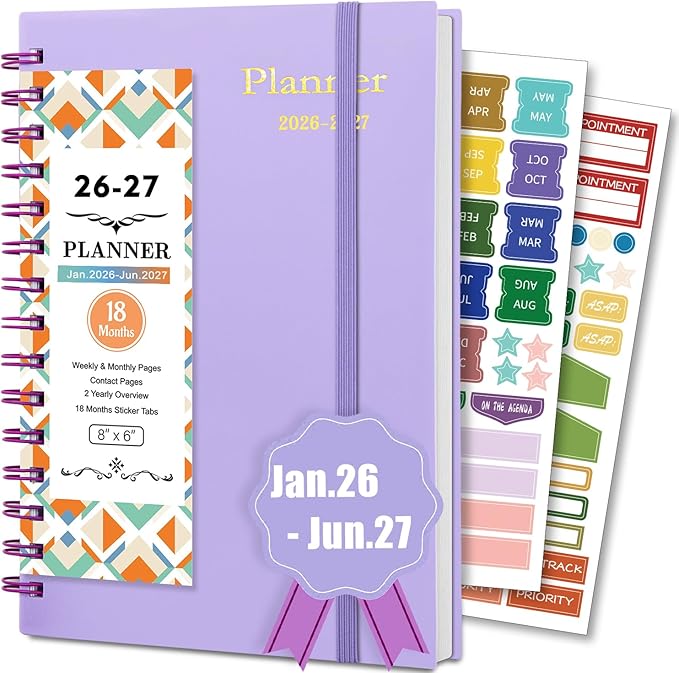 18 Month Planner 2026-2027, Weekly & Monthly & Daily Planner from Jan 2026 - Jun 2027, Planner Spiral Bound Academic Agenda Planning Organizer with 100GSM Thick Paper, A5 Size, Light Purple