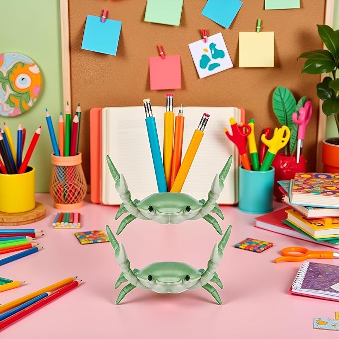 2Pcs Creative Crab Pen Holder Weightlifting Crabs Pen Stand Storage Rack, Office Desktop Decoration, Pencil Holders Desk Supplies Holders and Dispensers, Desk Accessories and Workspace (Green)