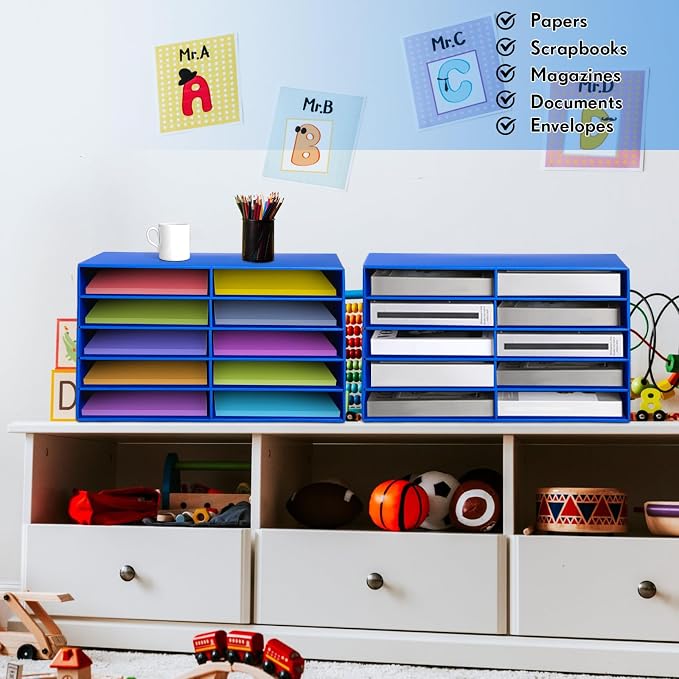 Fuutreo 2 Pcs Construction Paper Storage, Classroom Mailboxe, Back to School Literature Sorter, Sturdy Cardboard Paper Organizer for Teacher, Student, Office, 29.5" x 14.2" x 12.4"(10 Slots,Blue)