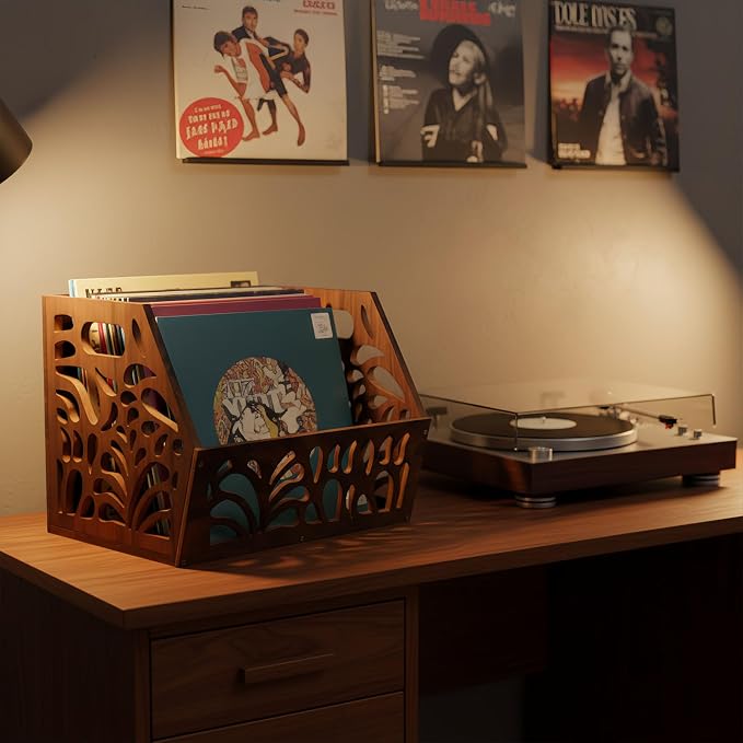 Vintage Vinyl Record Storage, Album Holder Storage 60+ LPs, Classic Vinyl Organizer Cube, Wooden Crate Box for Record Magazine Display (Patent Pending)