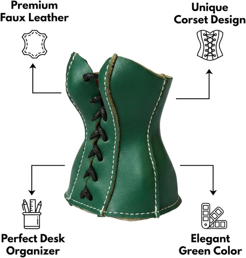 Faux Leather Lace-Up Corset Pencil Holder – Gothic Y2K Desk Pen Cup Makeup Brush Organizer Mini Storage for Home Office, Green