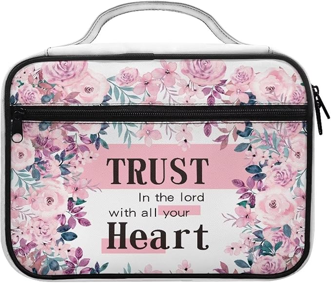 Trust in The Lord with All Your Heart Bible Covers for Women Girls Pink Vintage Flower Floral Pattern Bible Bag Church Scripture Case with Handle and Zippered Pocket Christian Gifts
