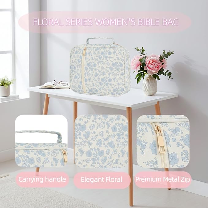 Bible Cover Case for Women Large Bible Cover Bag with Durable Handle Quilted Carrying Bible Study Supplies Accessories (Blue Floral)