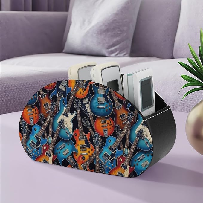 Remote Control Desk Caddy with 5 Compartments, PU Leather Holder for Media Players, Controllers, and Office Supplies, Music Guitars