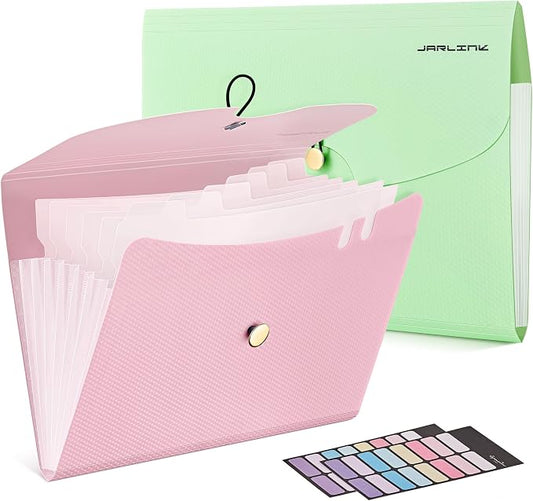 JARLINK 7 Pockets Expanding File Folder, A4 Accordion File Folders with 12 Labels, Cute Paper Organizer, Portable Document Organizer for College School Office Supplies, Macaron Pink & Macaron Green