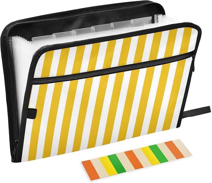 ALAZA Yellow White Striped 13 Pocket Expanding File Folder with Labels, Accordion File Folder File Organizer Letter A4 Paper for Office School Student