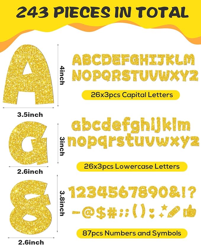 243 Pcs Glitter Bulletin Board Letters Set, 4 Inch Alphabet Poster Board Cardboard Cutouts with Numbers and Punctuation, Classroom School Wall Display Decorations (Yellow)