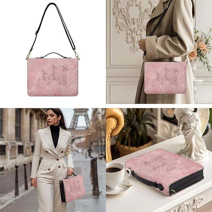 Pink Bible Cases for Girls, Medium Bible Bag with Strap and Handle, Psalm 28:7 Floral Print PU Leather Book Protecto with Inner Pockets and Pen Loop, Biblia Study Supplies for Girls