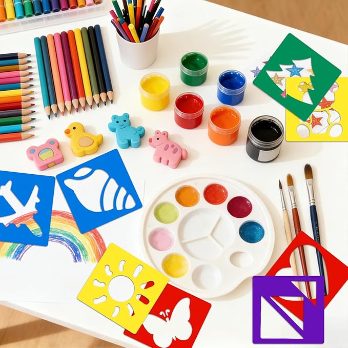 24 PCS Drawing Stencils, 8 Inch Large Drawing Stencils Chalk Template, Washable Reusable Outdoor Garden Themed Primary Shape Template Kit for Learning Painting DIY Crafts