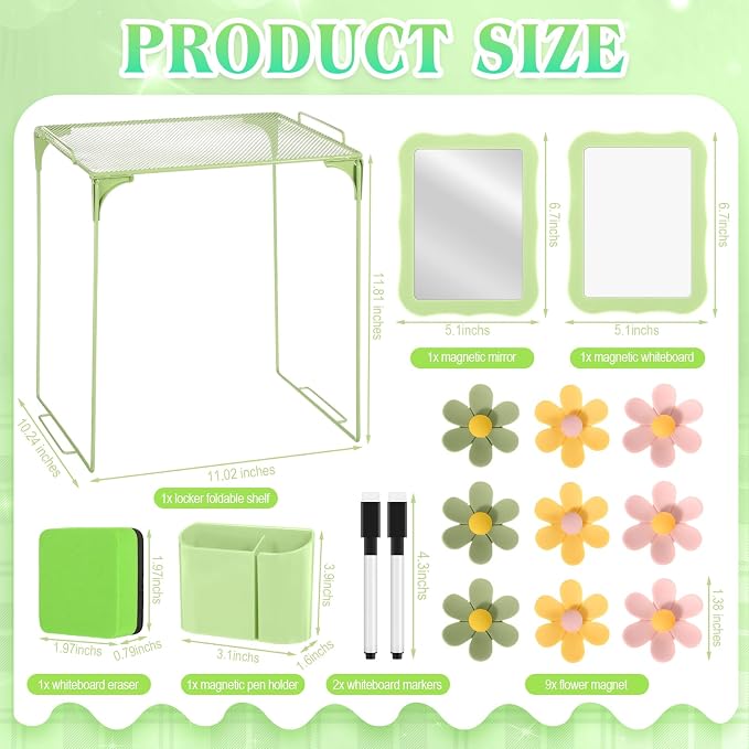 Colarr 16 Pcs Light Green Locker Accessories for Girls Includes Magnetic Whiteboard & Mirror Locker Shelf Pen Holder 2 Dry Erase Marker & Eraser 9 Flowers for Back to School Essentials Decoration