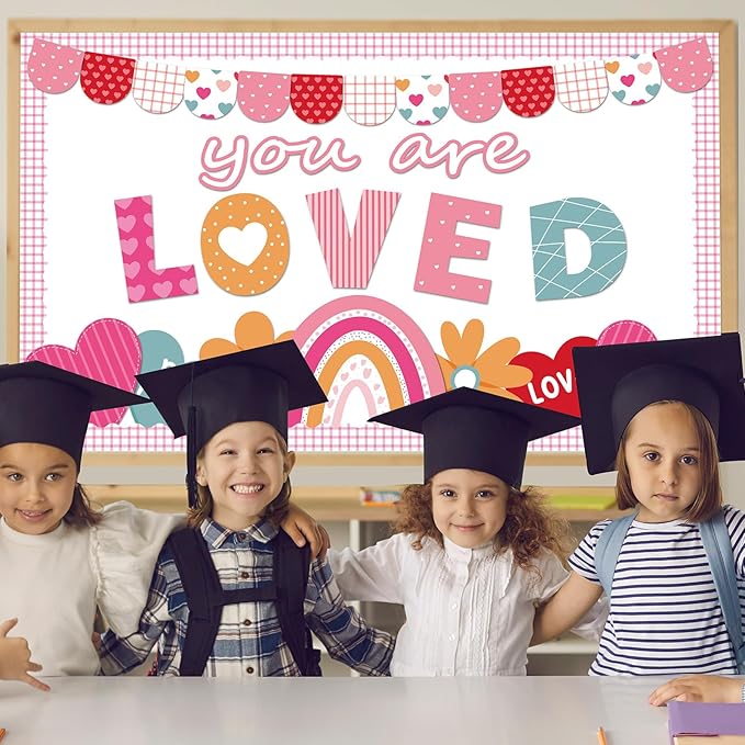 Valentine's Day Bulletin Board Set Valentines Classroom Decoration You are Loved Bulletin Board Borders Valentine's Day Rainbow Loved Heart Cutouts for Holiday School Office Chalkboard Wall Door Decor