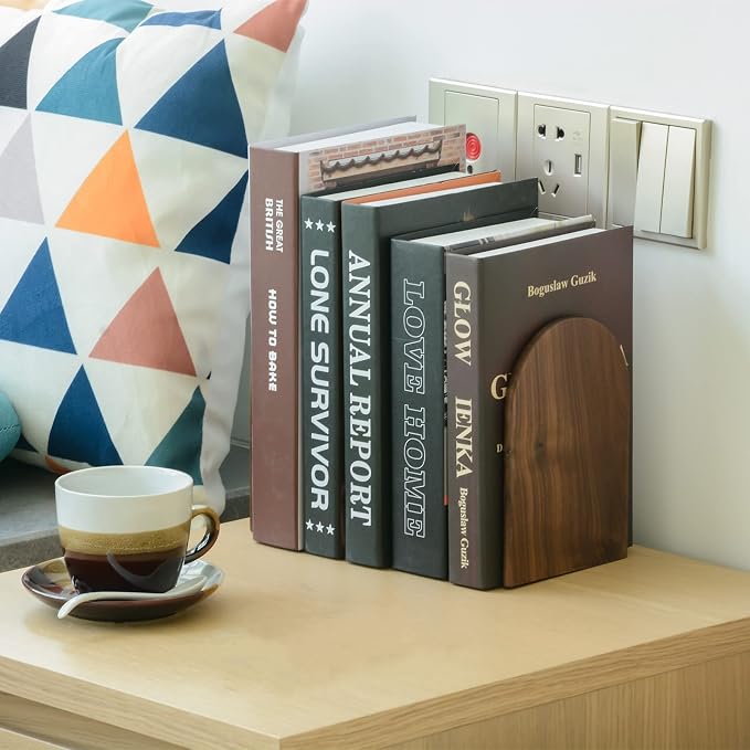 Large Bookend Hold Heavy Books- 7x4x5in 3 Pack Wood Bookends for Heavy Books Heavy Duty Walnut Book Ends for Men Wood Bookends for Office Desk Non-Skid